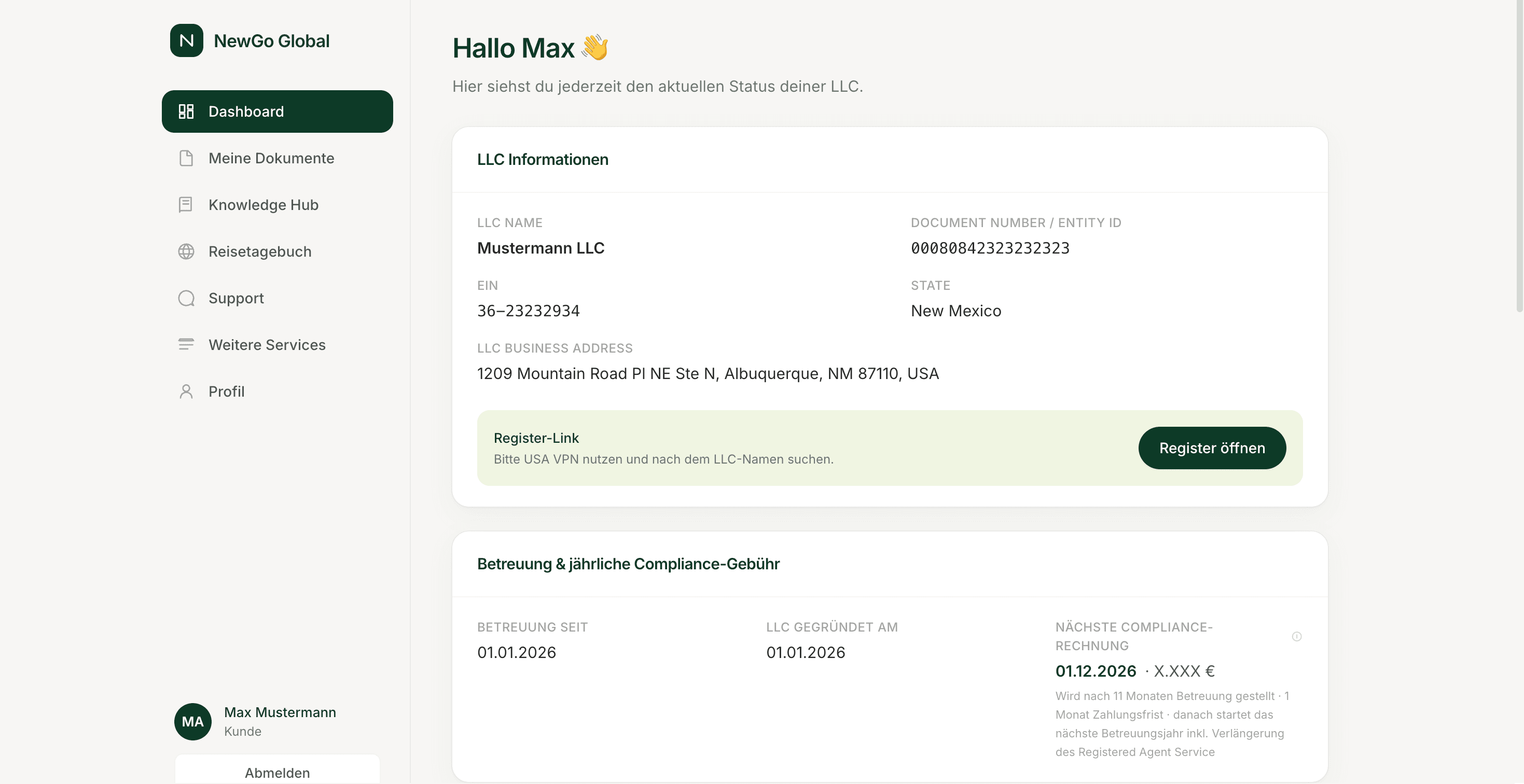 NewGo Global LLC-Dashboard – Übersicht